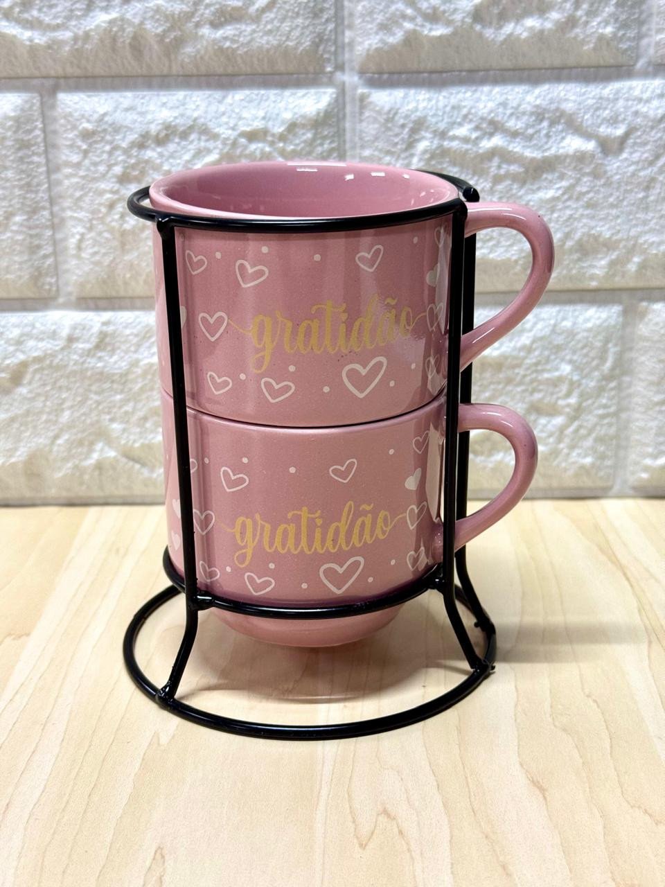 Caneca Empilhável Rosa Gratidão Dourada Suporte em Metal Par