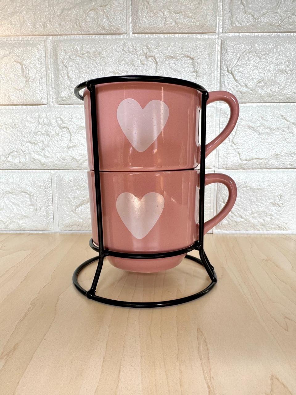Caneca Empilhável Rosa Coração Branco Suporte em Metal Par
