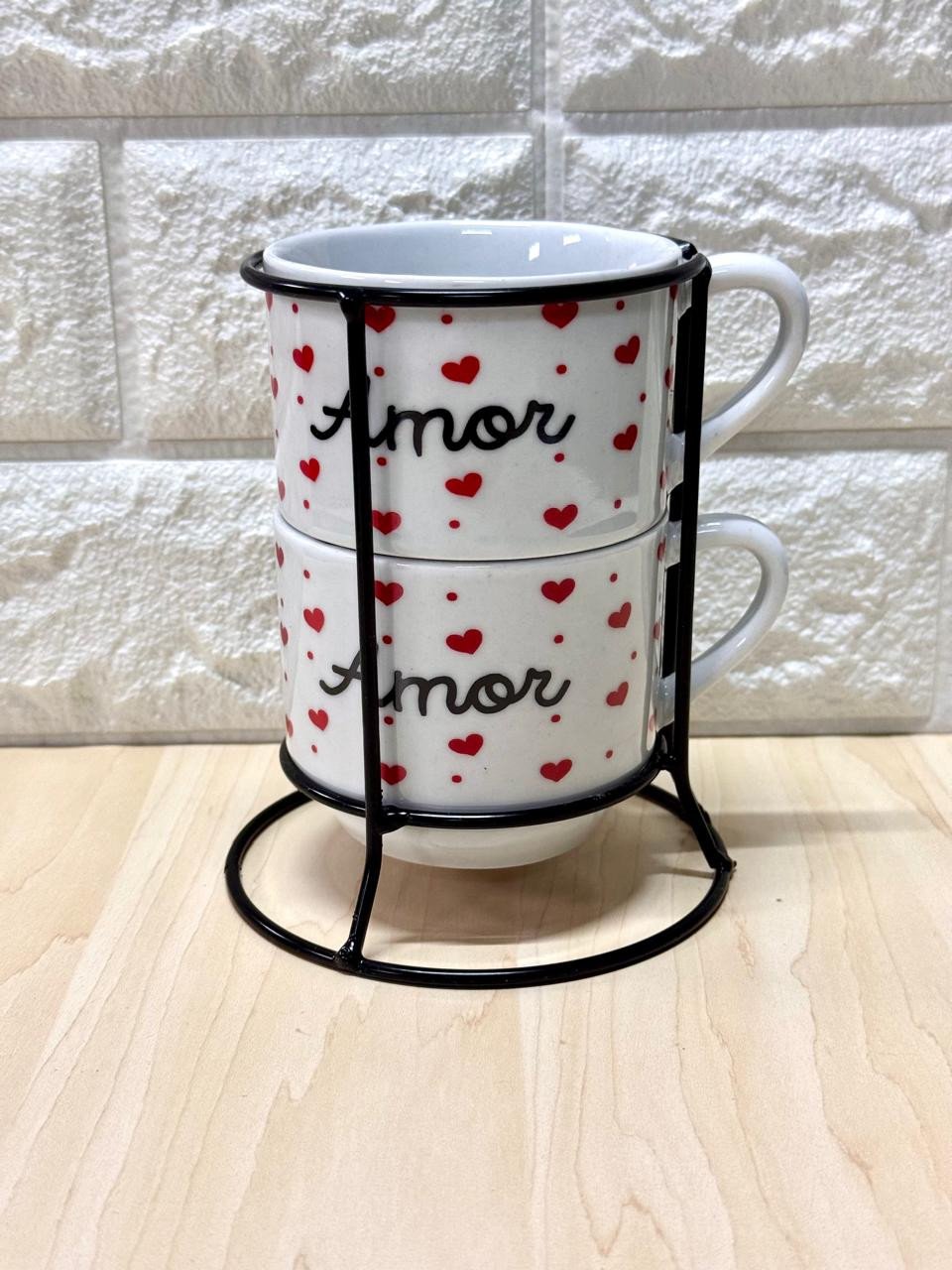 Caneca Empilhável Branca Amor Corações Vermelhos Suporte em Metal Par