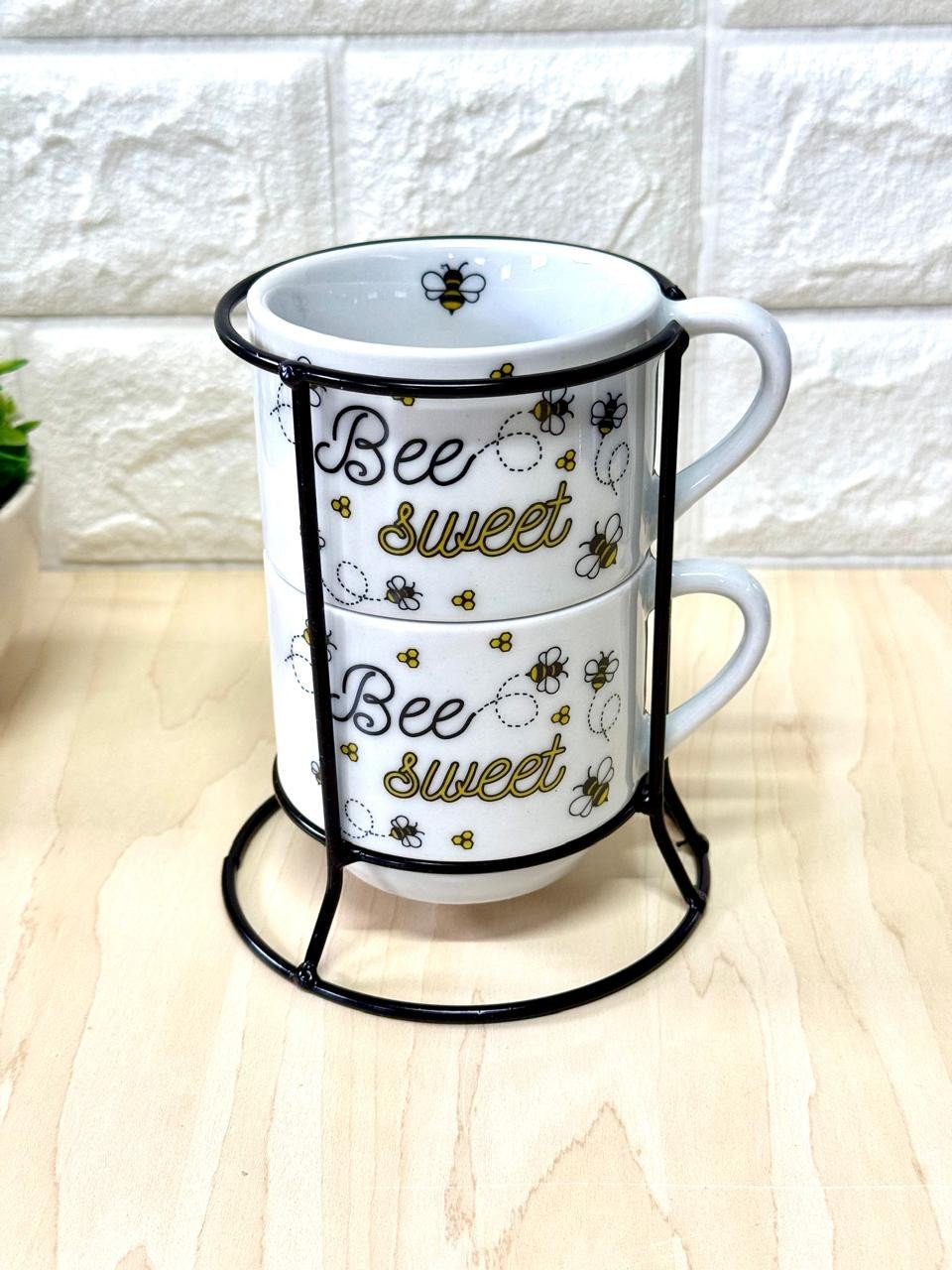 Caneca Empilhável Branca Bee Sweet Suporte em Metal Par