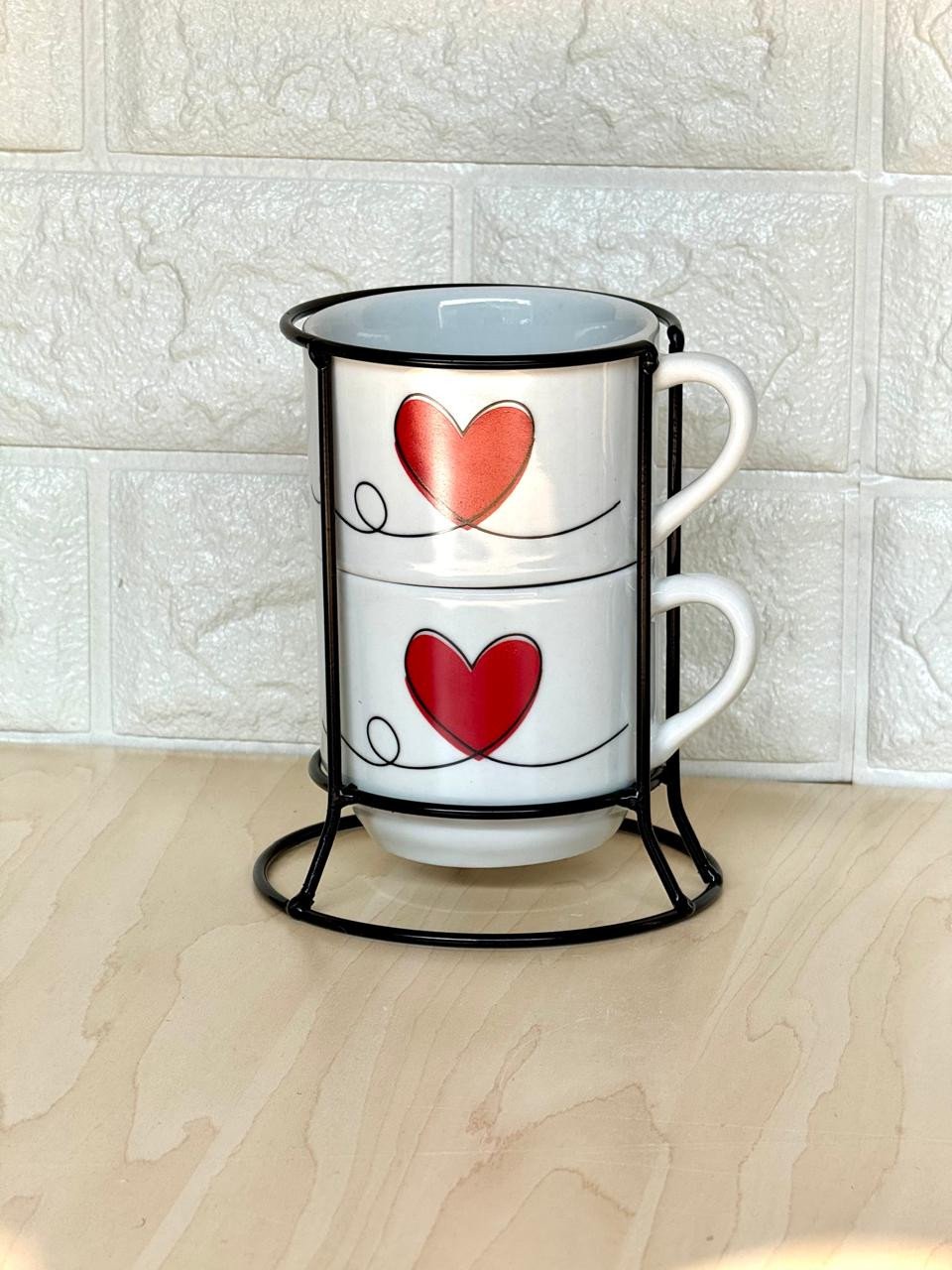 Caneca Empilhável Branca Coração Vermelho Suporte em Metal Par