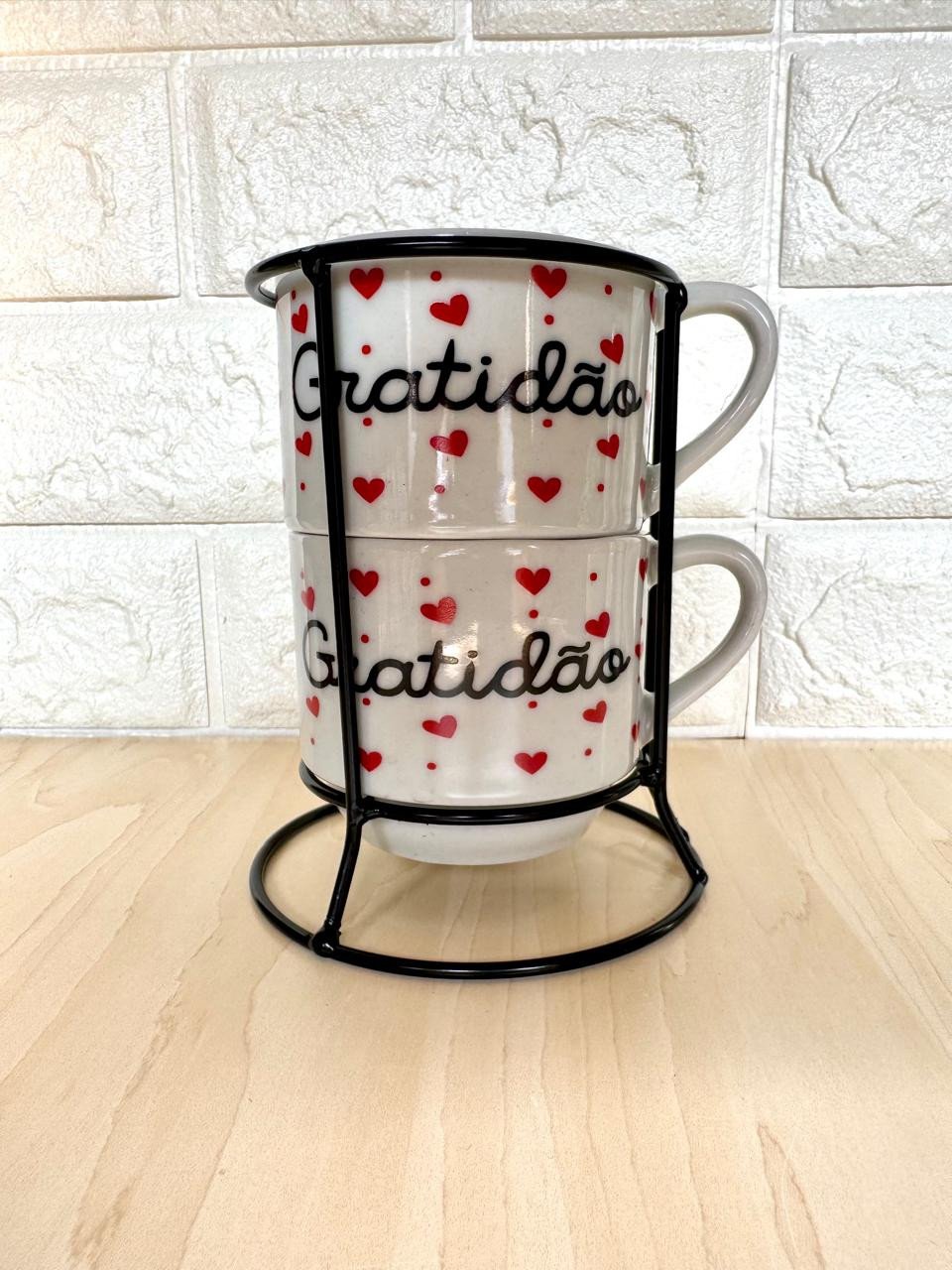 Caneca Empilhável Branca Gratidão Corações Vermelhos Suporte em Metal Par