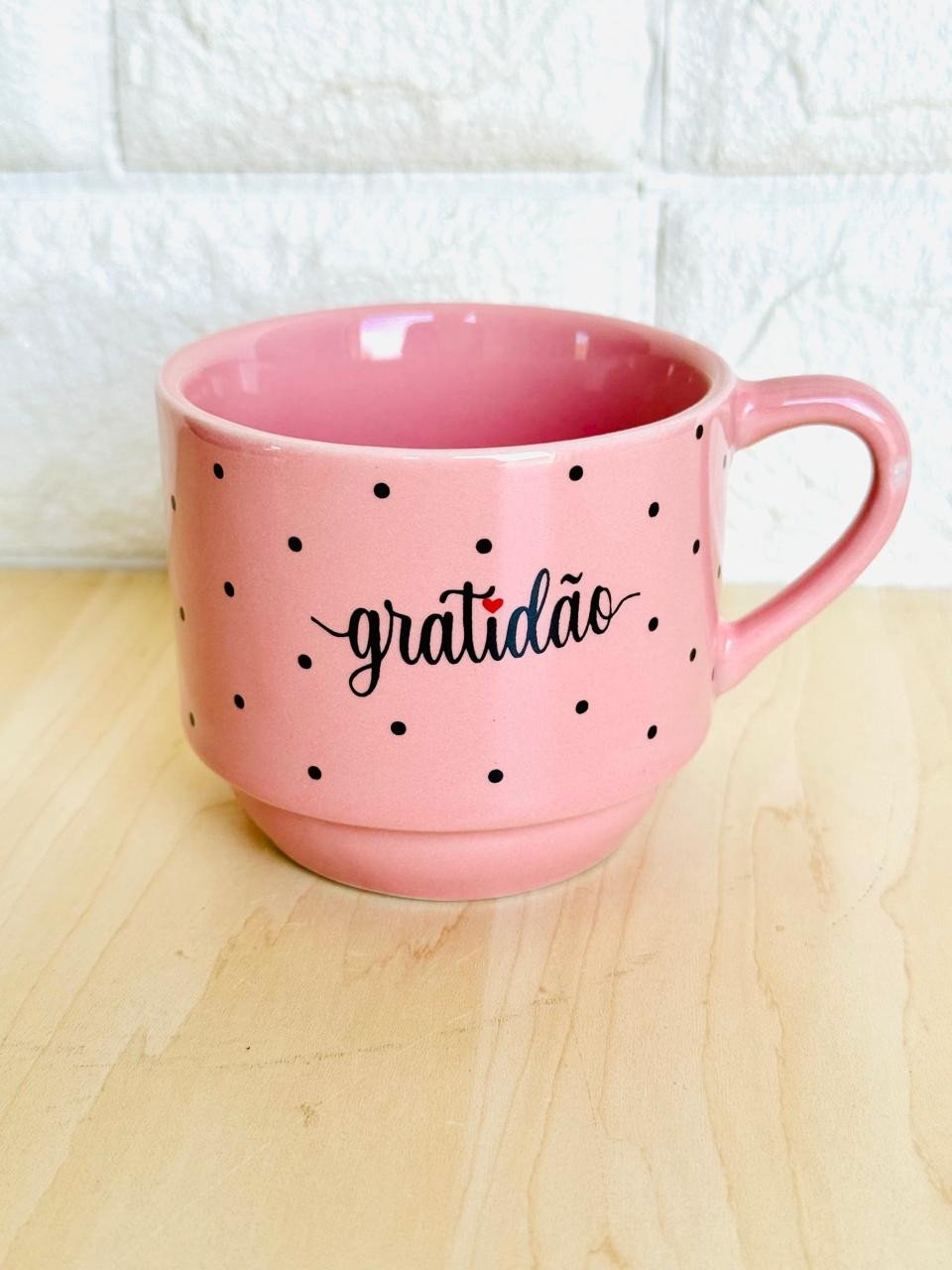 Caneca Empilhável Rosa Gratidão Bolinhas Pretas