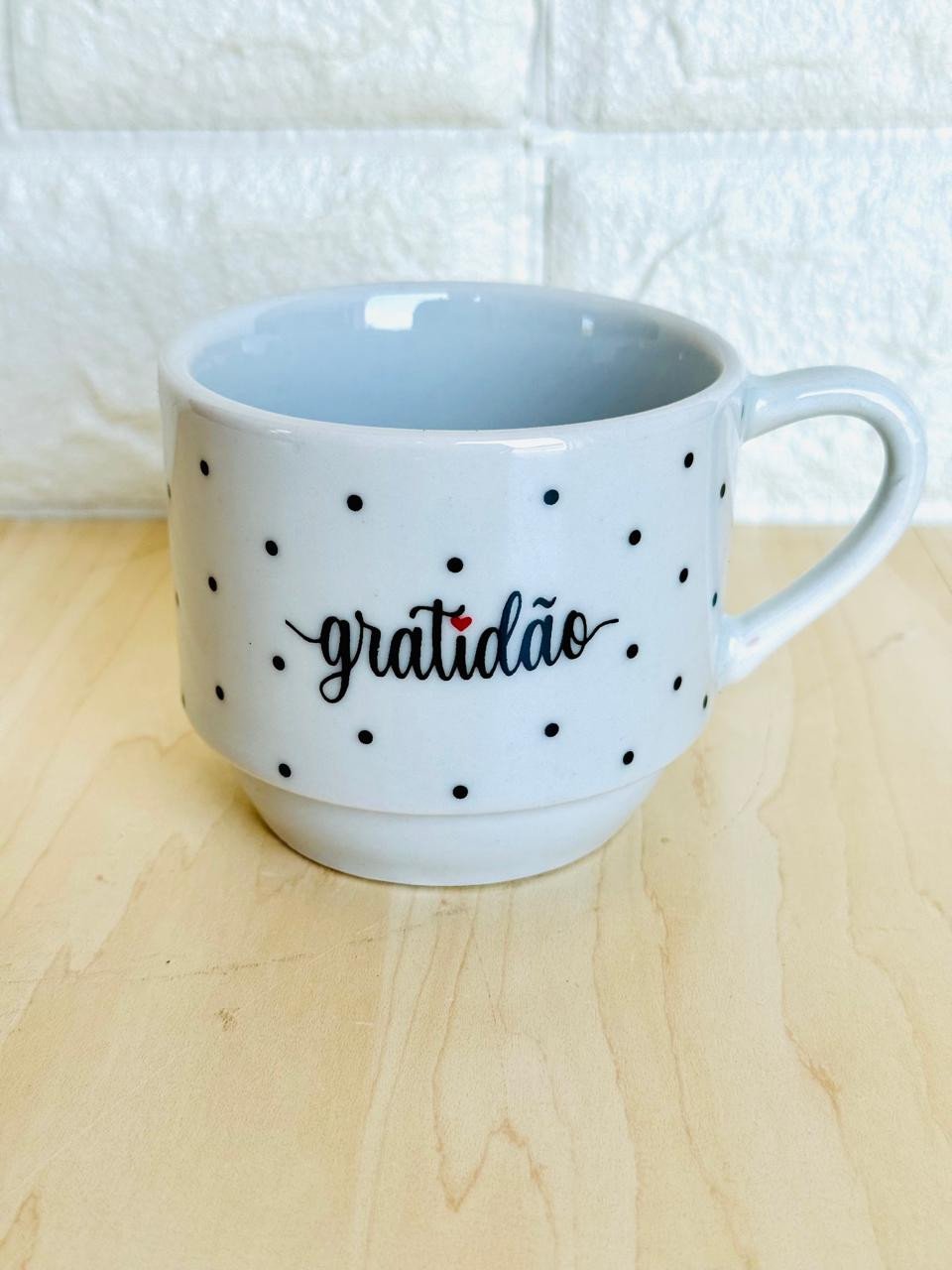 Caneca Empilhável Branca Gratidão Bolinhas Pretas