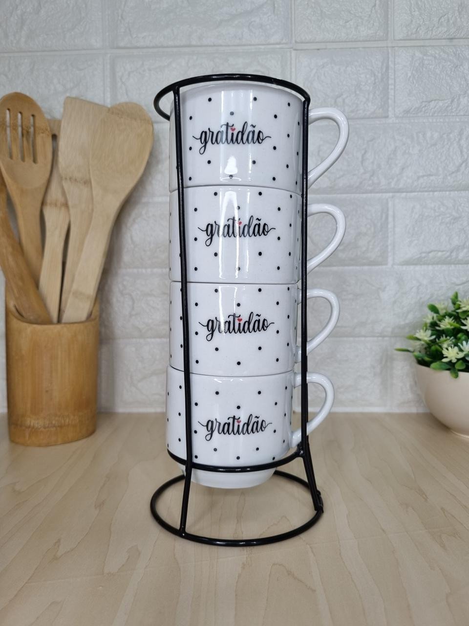 Caneca Empilhável Branca Gratidão Bolinhas Pretas Suporte em Metal com 4