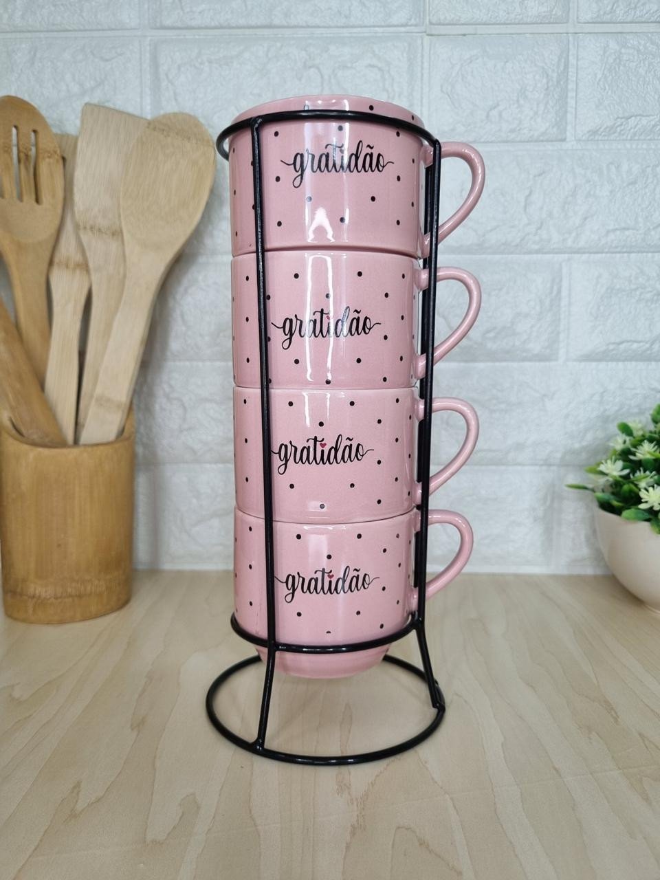 Caneca Empilhável Rosa Gratidão Bolinhas Pretas Suporte em Metal com 4