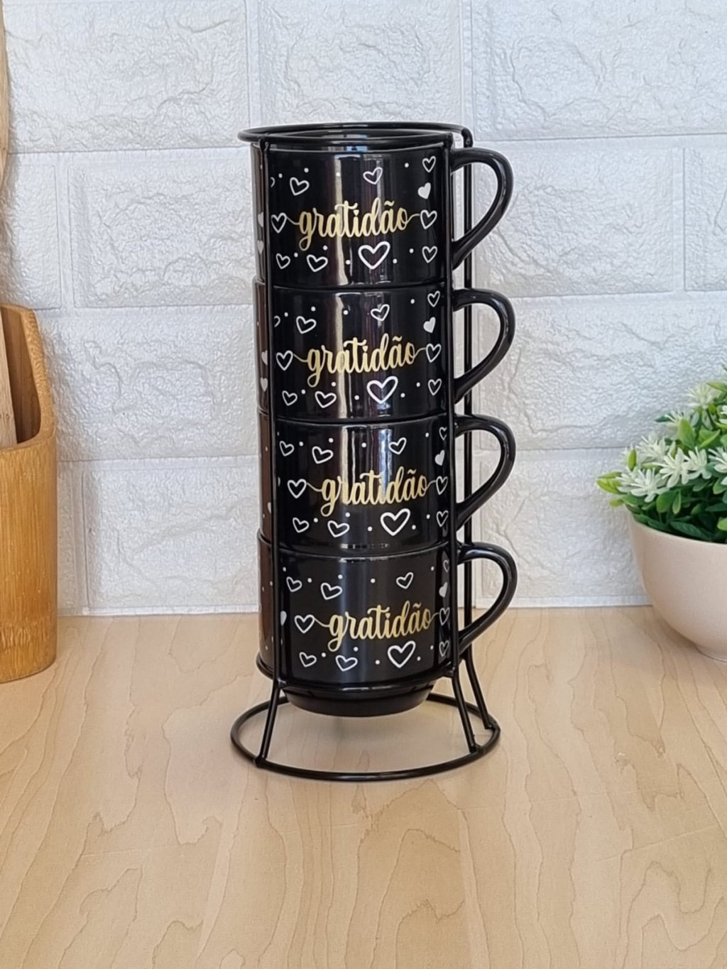 Caneca Empilhável Preta Gratidão Dourada Suporte em Metal com 4