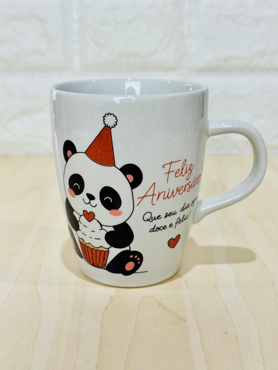 Caneca Sublime Branca Feliz Aniversário Panda