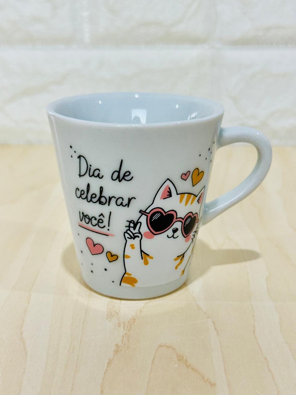 Xícara Branca Feliz Aniversário Gato