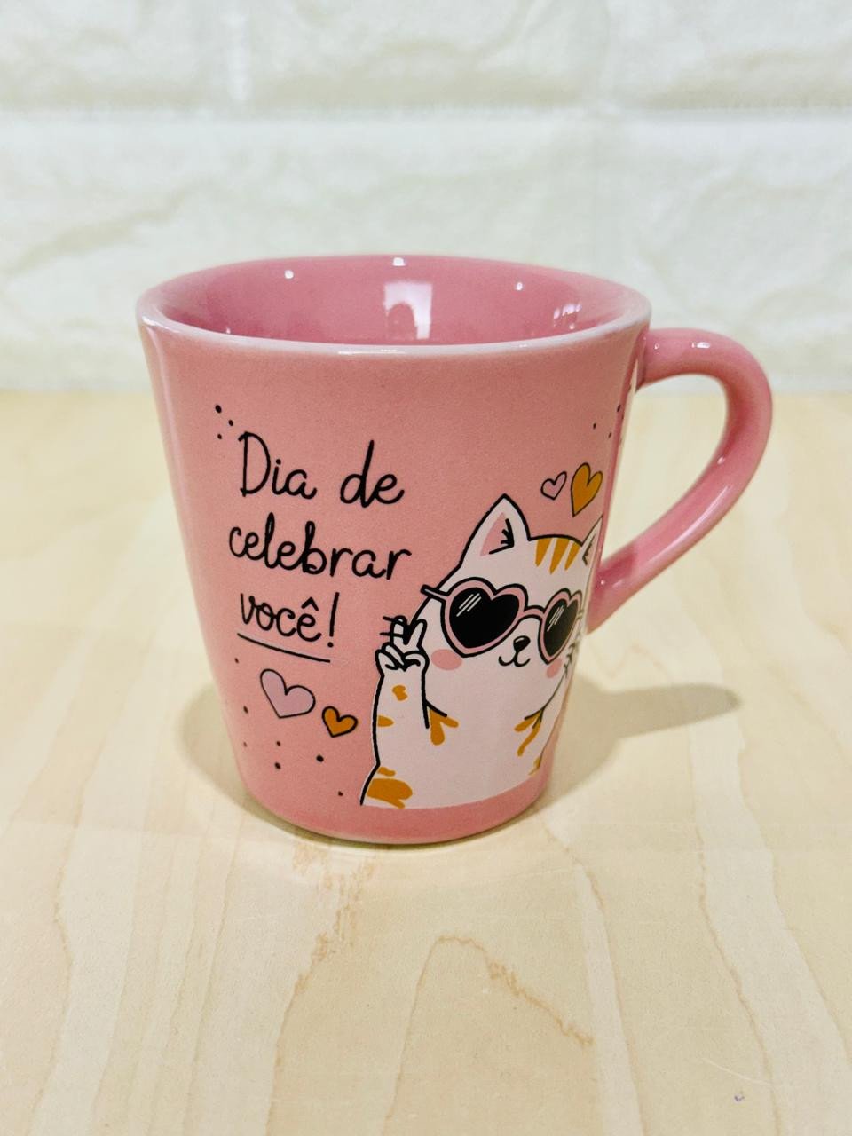 Xícara Rosa Feliz Aniversário Gato