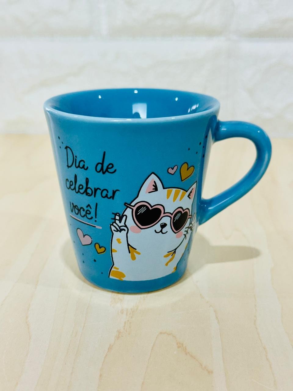 Xícara Azul Feliz Aniversário Gato