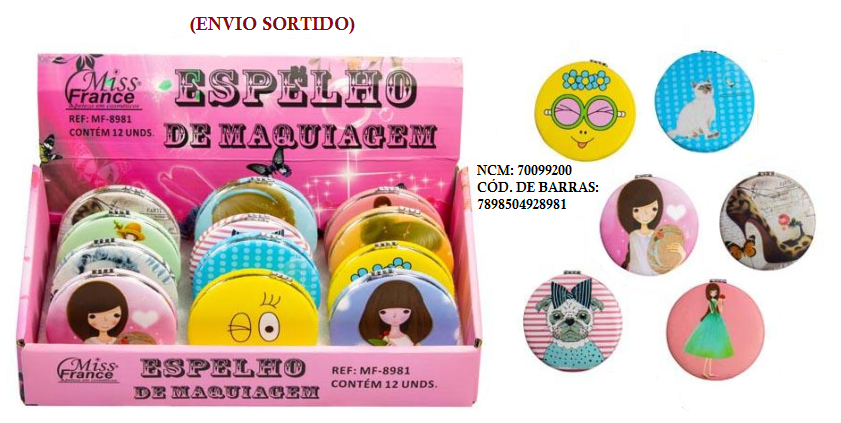 MF-8981 ESPELHO DE VIDRO REDONDO EMOLDURADO BX/ 12 UN (ENVIO SORTIDO)