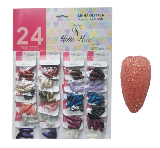 OY893-8 UNHA POSTIÇA ALMOND C/ GLITTER CT/24 UN