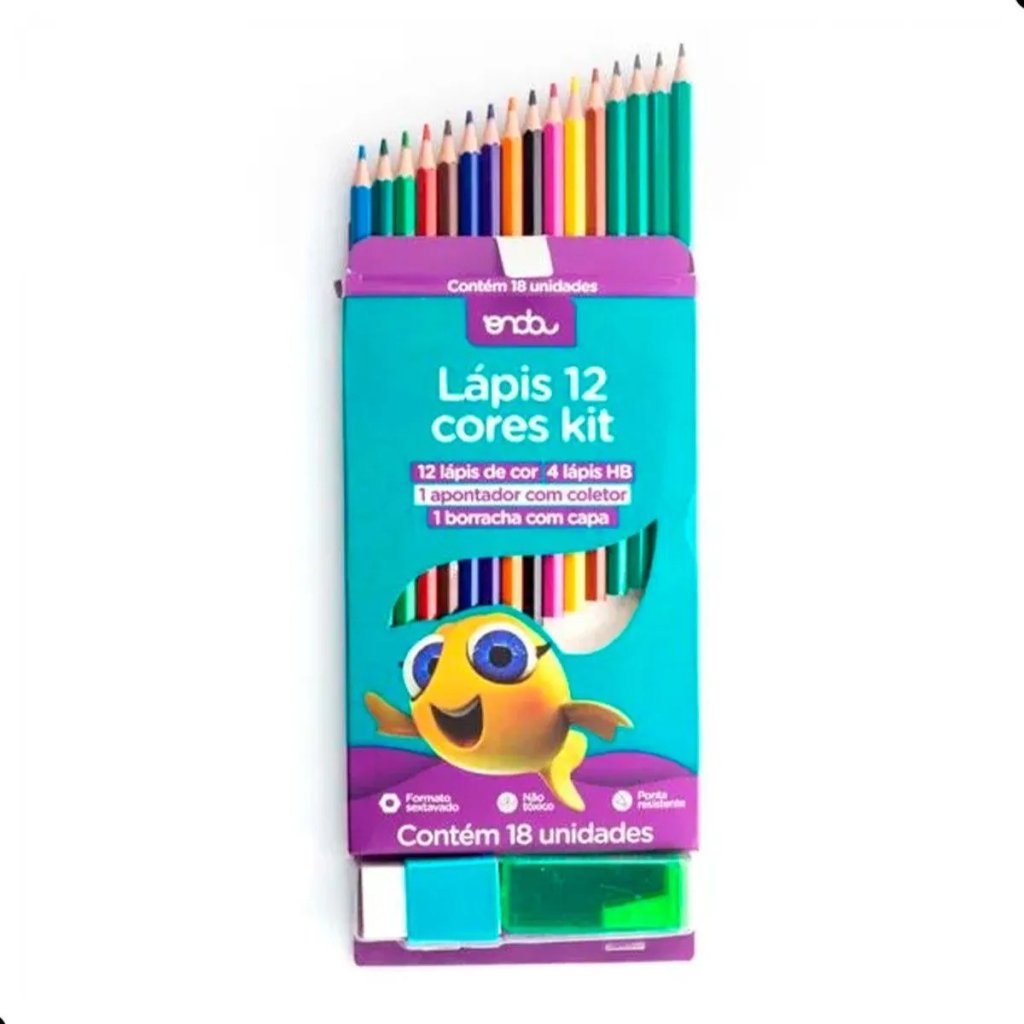 KIT LAPIS DE COR SUSTENTAVEL 12 CORES + BORRACHA + APONTADOR ONDA	