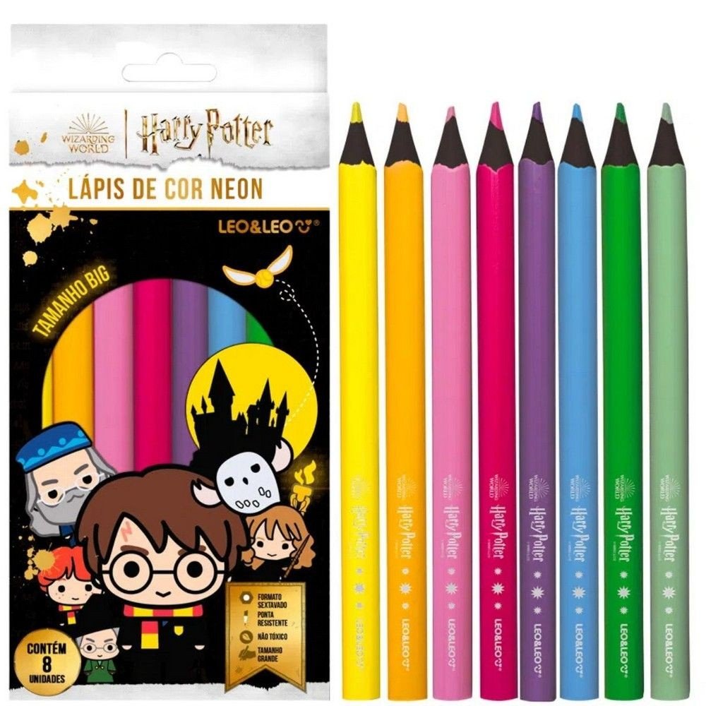 LAPIS DE COR BIG NEON HARRY POTTER C/8 CORES SEXTAVADO LEO&LEO	