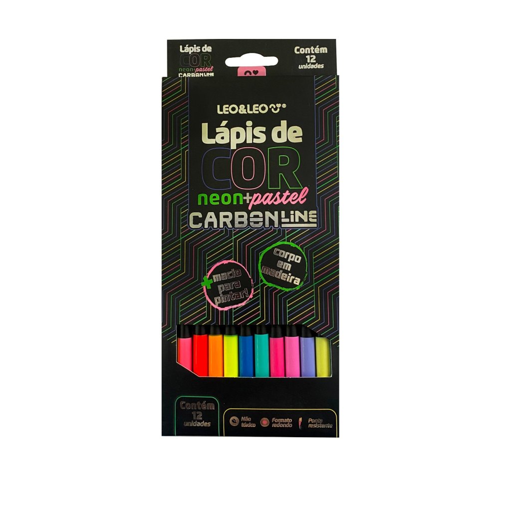 LAPIS DE COR CARBON 12 CORES NEON + PASTEL REDONDO LEO&LEO	