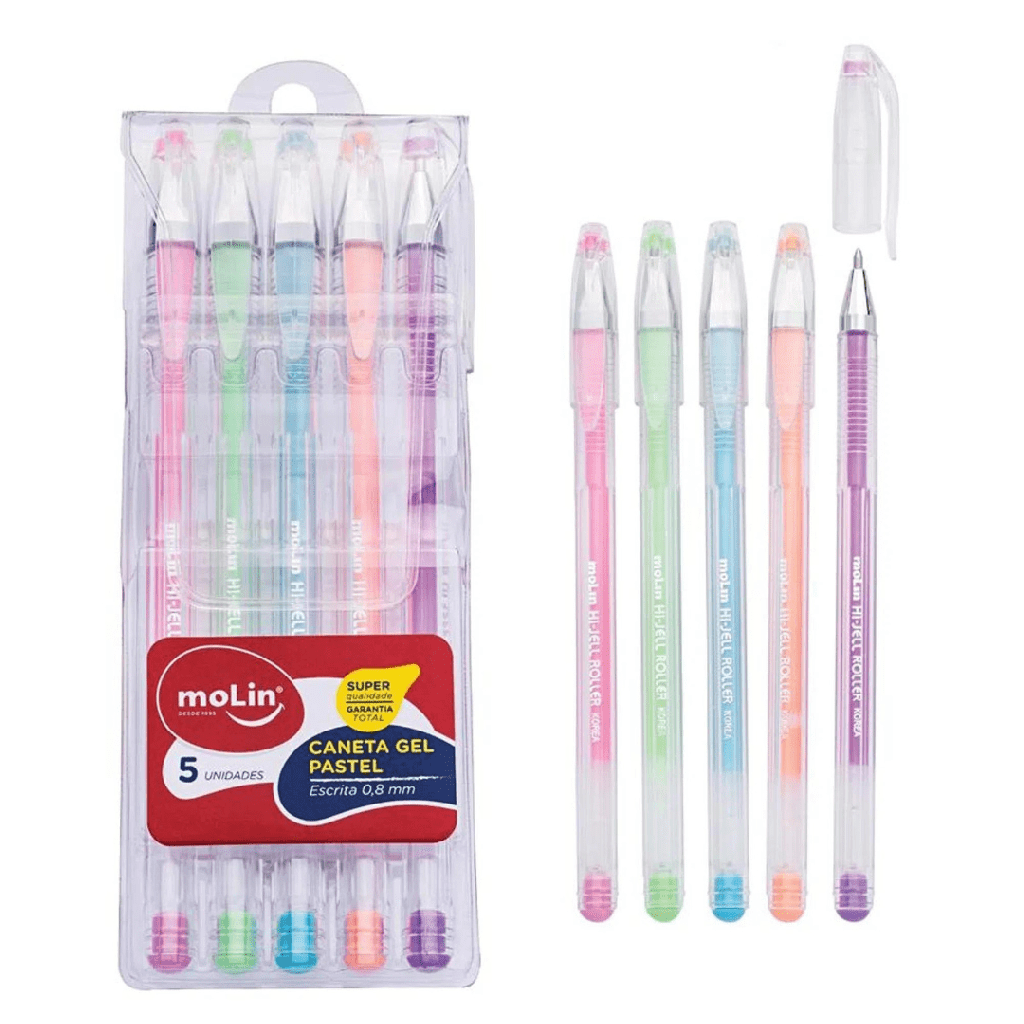 CANETA GEL COM 5 CORES PASTEL MOLIN	