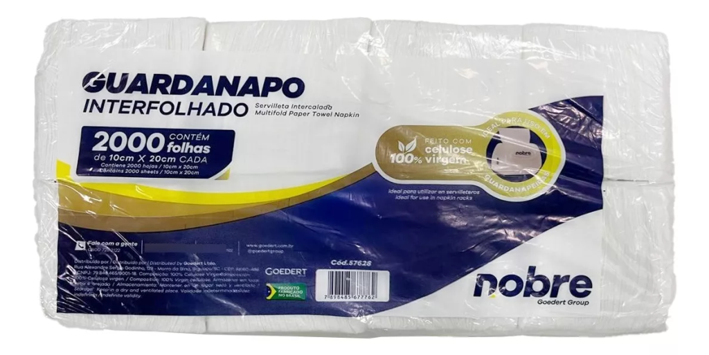GUARDANAPO DE PAPEL INTER. 10X20 CM F. SIMPLES C/2000FLS CELULOSE VIRGEM- NOBRE