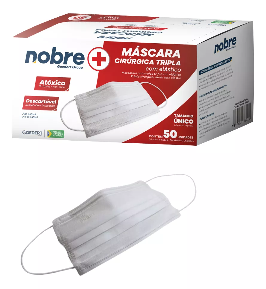MASCARA DESCARTAVEL BRANCA TRIPLA C/ELASTICO 50 UNIDADES NOBRE	