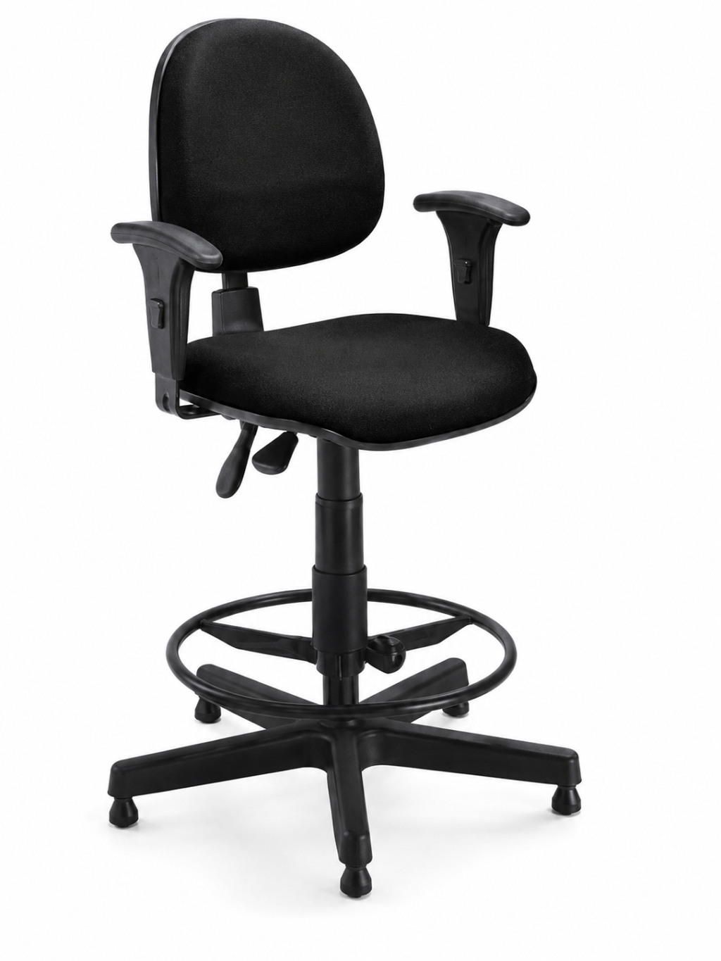 Cadeira caixa ergonômica POKER. Braços ajustáveis. Ajuste lombar. Giratória. Alta com aro regulável. Sapatas. Tecido.