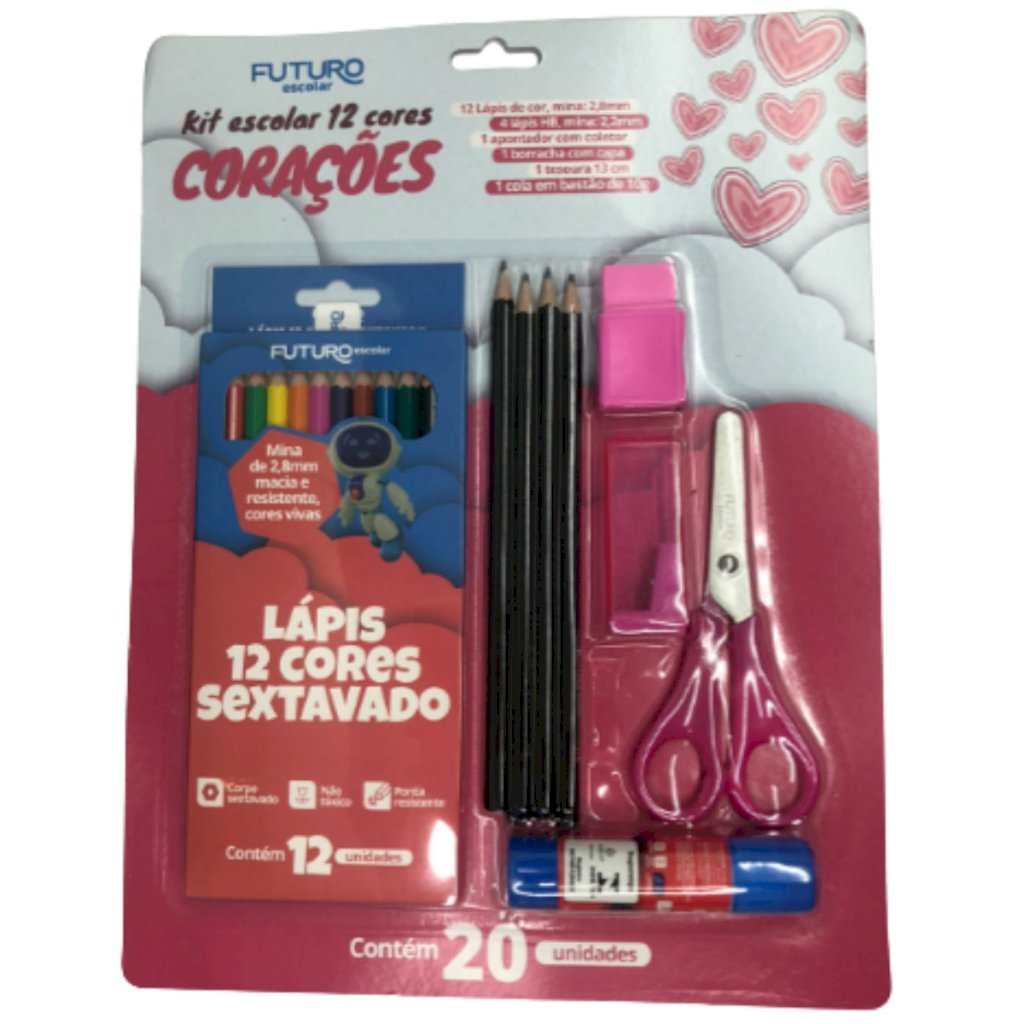Kit Escolar 12 Cores Corações 20 Unidades - 092237