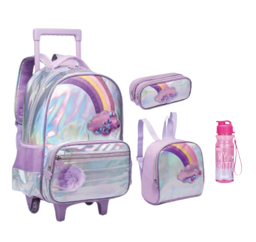 KIT MOCHILA COM RODINHAS ARCO IRIS