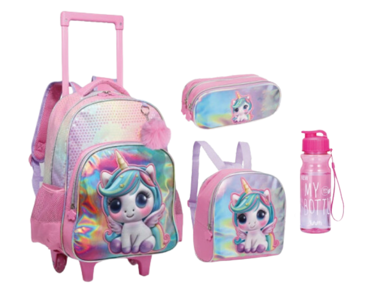 KIT MOCHILA COM RODINHAS UNICORNIO 3D
