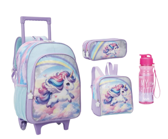 KIT MOCHILA COM RODINHAS UNICORNIO