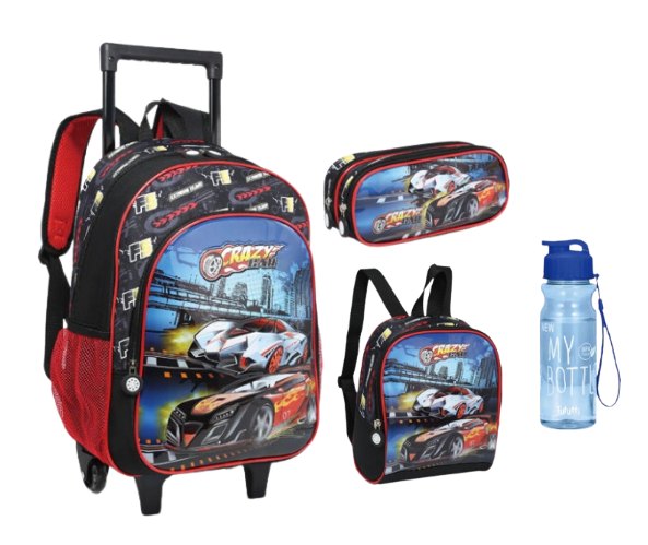 KIT MOCHILA COM RODINHAS CRAZY CAR