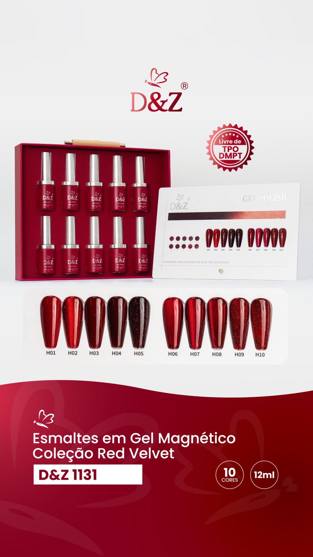 Kit 10 Esmaltes em Gel Magnético Colecão Red Velvet D&Z1131