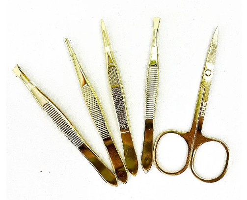 KIT 4 PINÇAS AÇO INOX GOLD + TESOURINHA AÇO INOX GOLD