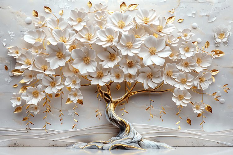 Árvore Dourada com Flores Brancas