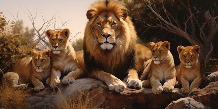 Família Leão Deitado com 4 Filhotes