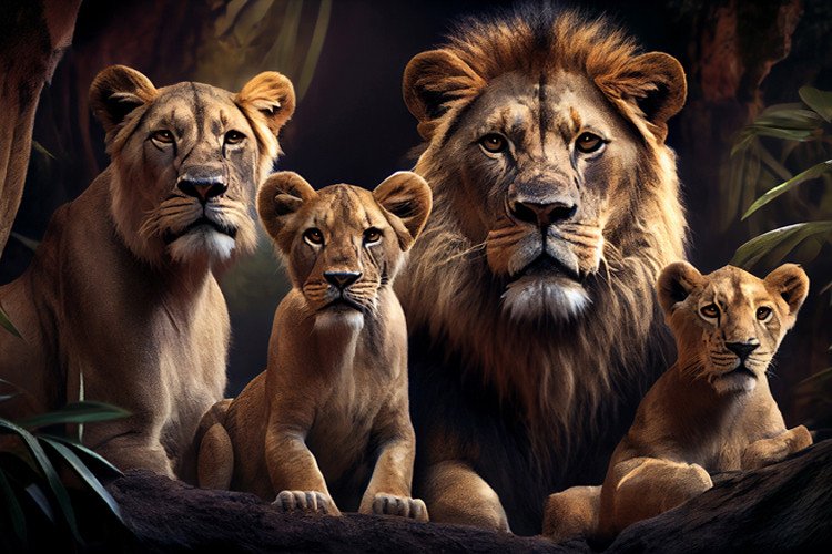 Família Leão Fundo Escuro 2 Filhotes