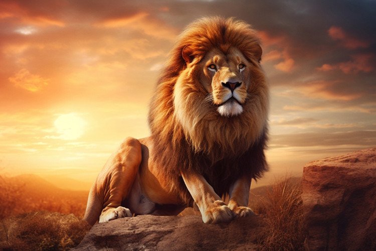 Leão Rei Deitado Pedra Por-do-sol