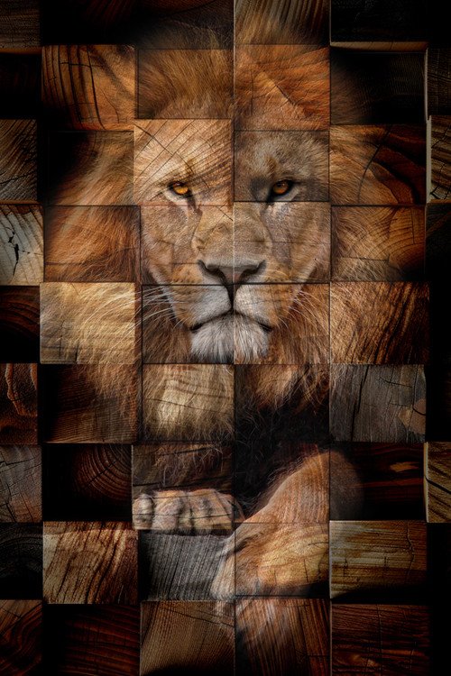 Leão Frontal Mosaico Madeira