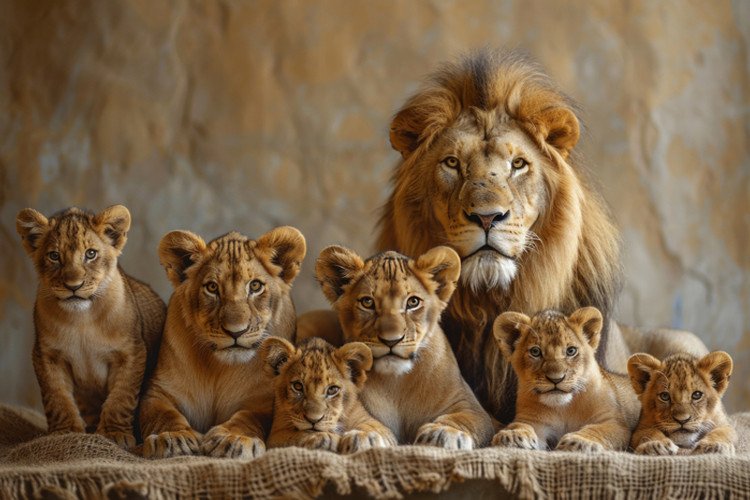 Família Leão Deitado Caverna 6 Filhotes