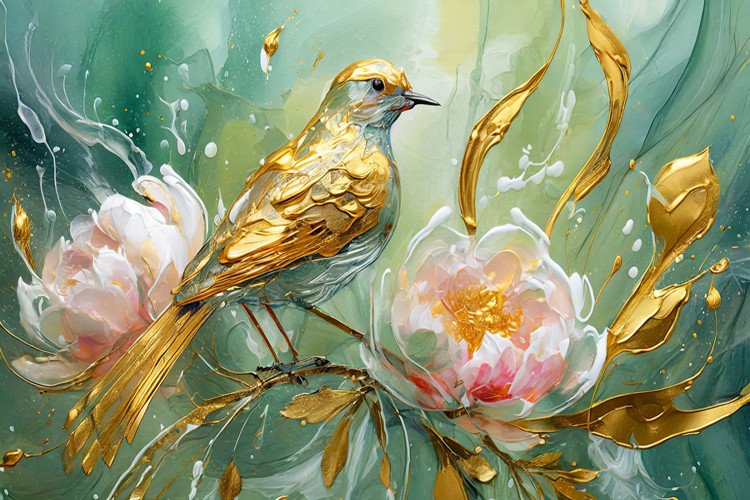 Pássaro 3D Ouro Flor Rosa