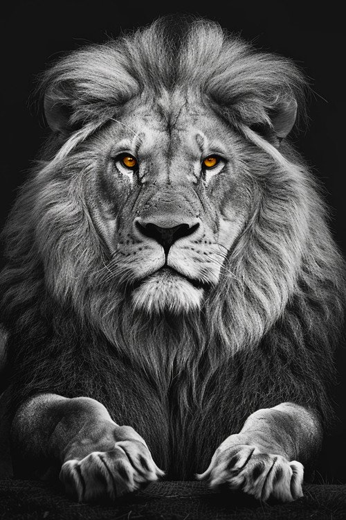 Leão Preto e Branco Olhos Coloridos