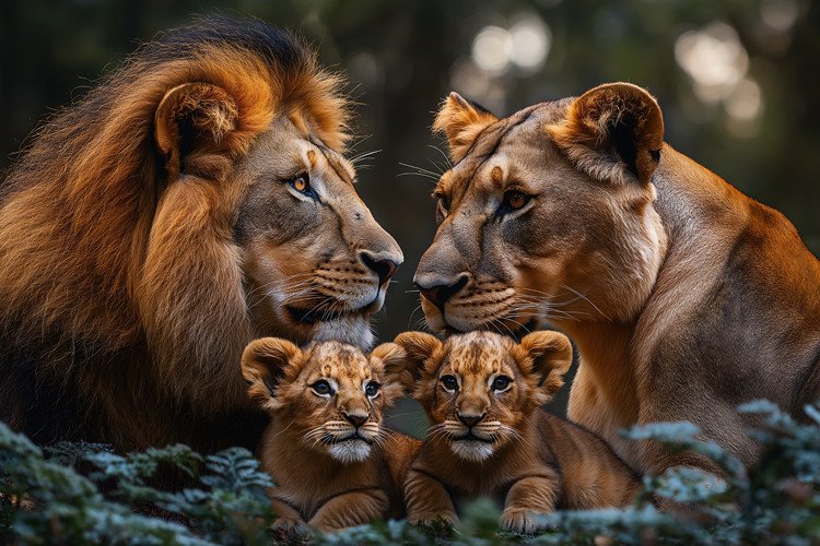 Família Leão Leoa 2 Filhotes Floresta