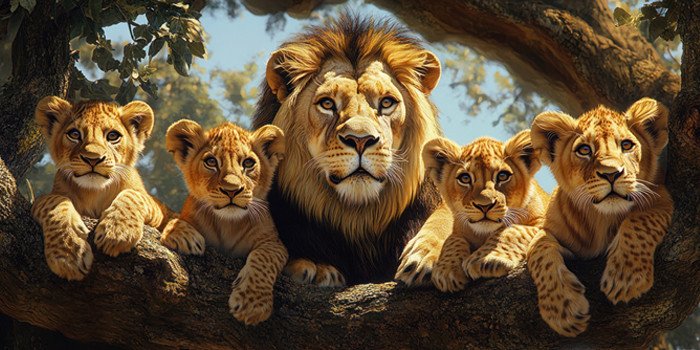 Leão Deitado Tronco com 4 Filhotes