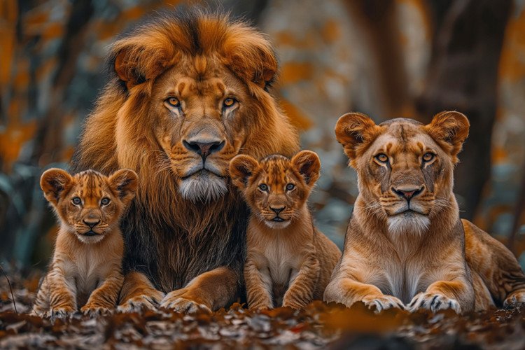 Família Leão Leoa 2 Filhotes Deitados