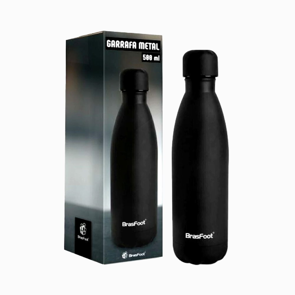 Garrafa térmica metal preta emborrachada - BrasFoot