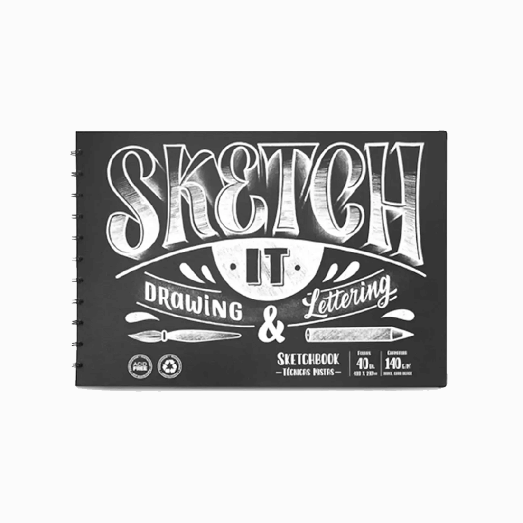 Sketchbook para desenho Drawing e Lettering Preto - 40 folhas - 312x210mm - Ótima 