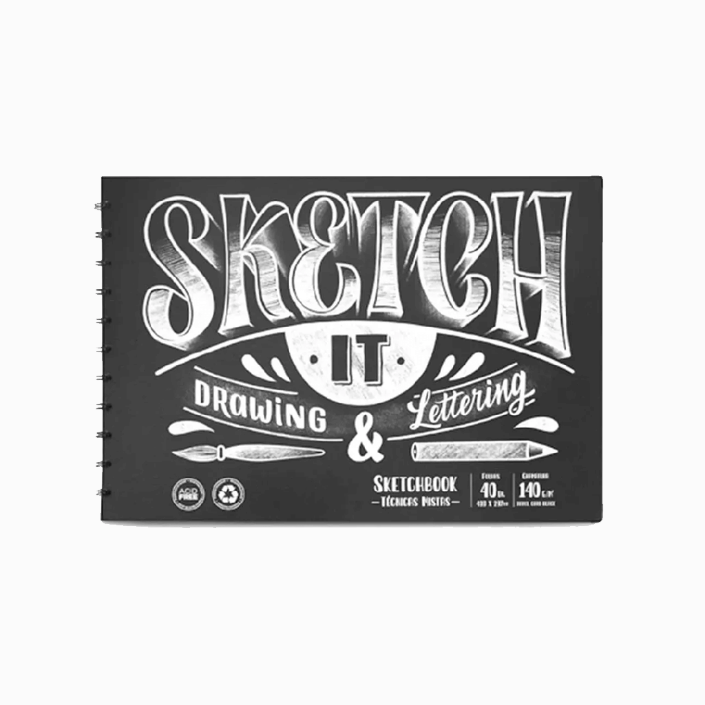 Sketchbook para desenho Drawing e Lettering Preto - 40 folhas - 255x175mm - Ótima 