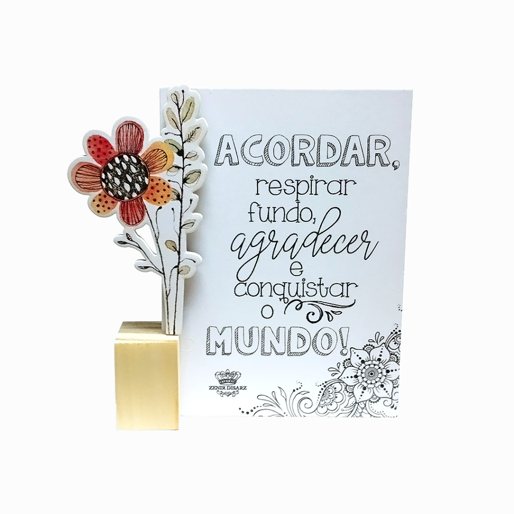Enfeite de Mesa com Cubo e Aplique - Acordar e Respirar Fundo - Zenir Disarz