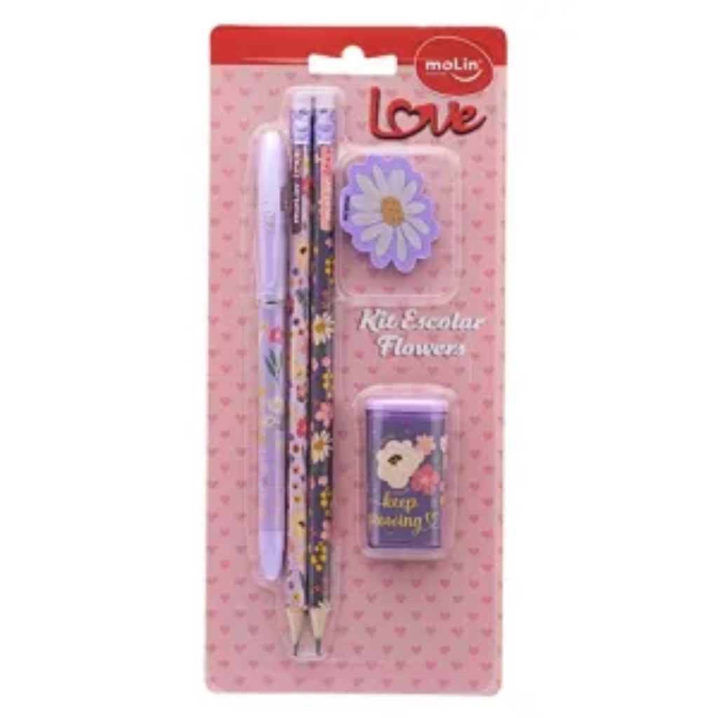 Kit Escolar Flowers Love - Lilás - Molin