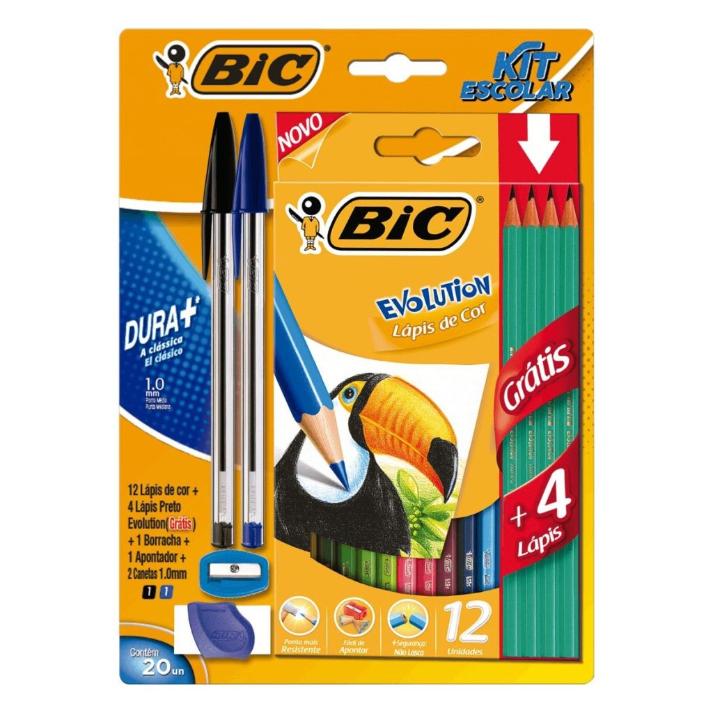 Kit Escolar Evolution - Caneta, Borracha, Apontador, Lápis de Cor e Läpis de Escrever - Bic