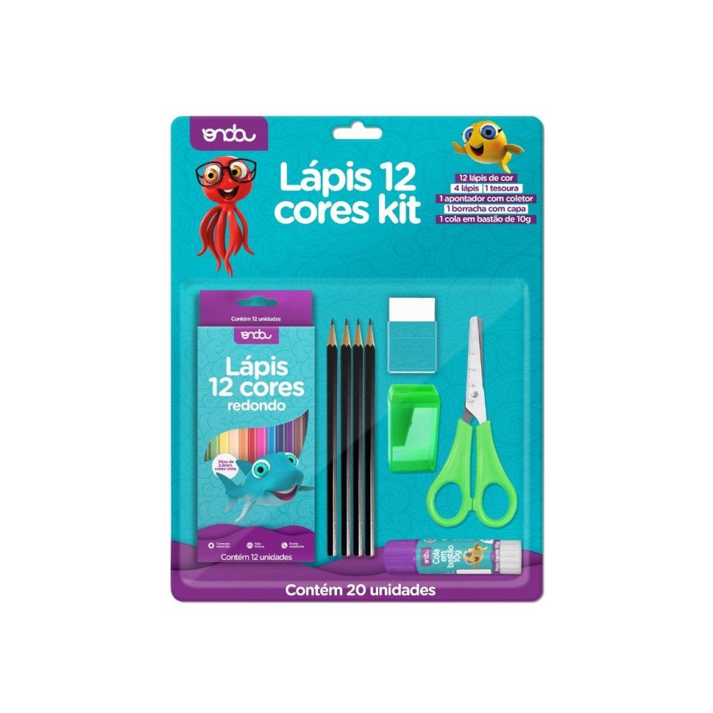 Kit Escolar com 20 peças - Lápis de Cor, Lápis de Escrever, Borracha, Apontador, Tesoura e Cola - Onda