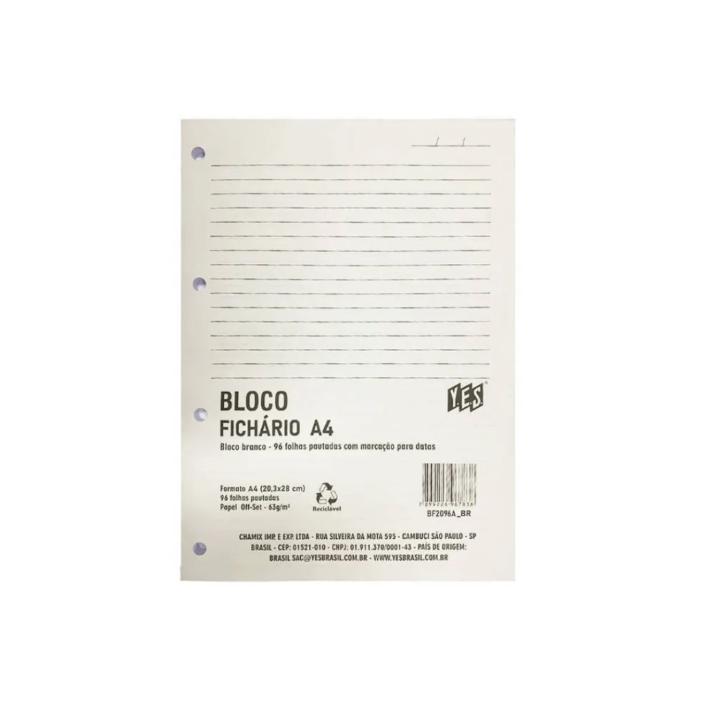 BLOCO FICHÁRIO - A4 - 96 FOLHAS PAUTADAS - YES
